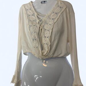 Cream embroidered lace long sleeve top with tie front crop top L Heart Hips